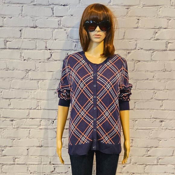 CHARTER CLUB - Navy blue/white/pink plaid cotton blend cardigan - Picture 7 of 12